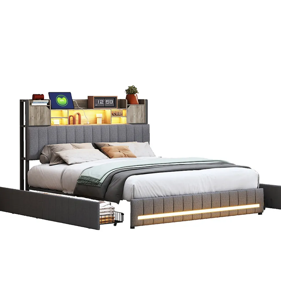 Lit 140x190 avec Sommier LED et USB, Lit Coffre avec 4 Tiroirs et Rangement Tête Delit, Gris