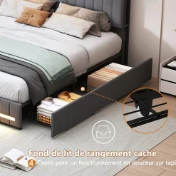 Lit 140x190 avec Sommier LED et USB, Lit Coffre avec 4 Tiroirs et Rangement Tête Delit, Gris