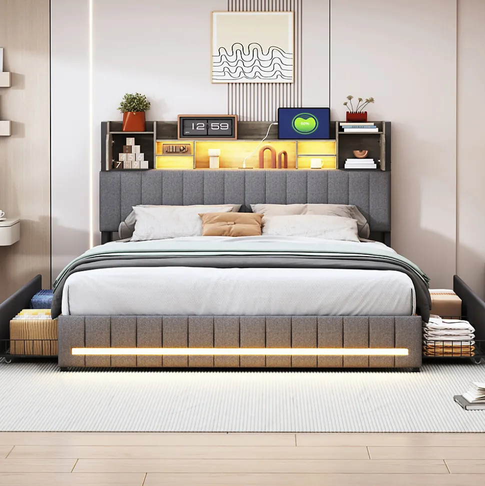 Lit 140x190 avec Sommier LED et USB, Lit Coffre avec 4 Tiroirs et Rangement Tête Delit, Gris