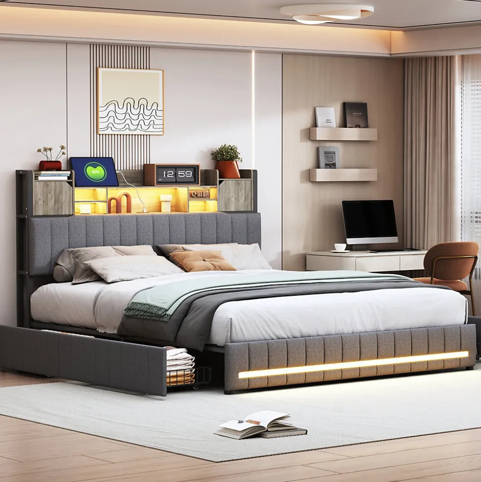 Lit 140x190 avec Sommier LED et USB, Lit Coffre avec 4 Tiroirs et Rangement Tête Delit, Gris