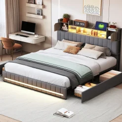 Lit 140x190 avec Sommier LED et USB, Lit Coffre avec 4 Tiroirs et Rangement Tête Delit, Gris