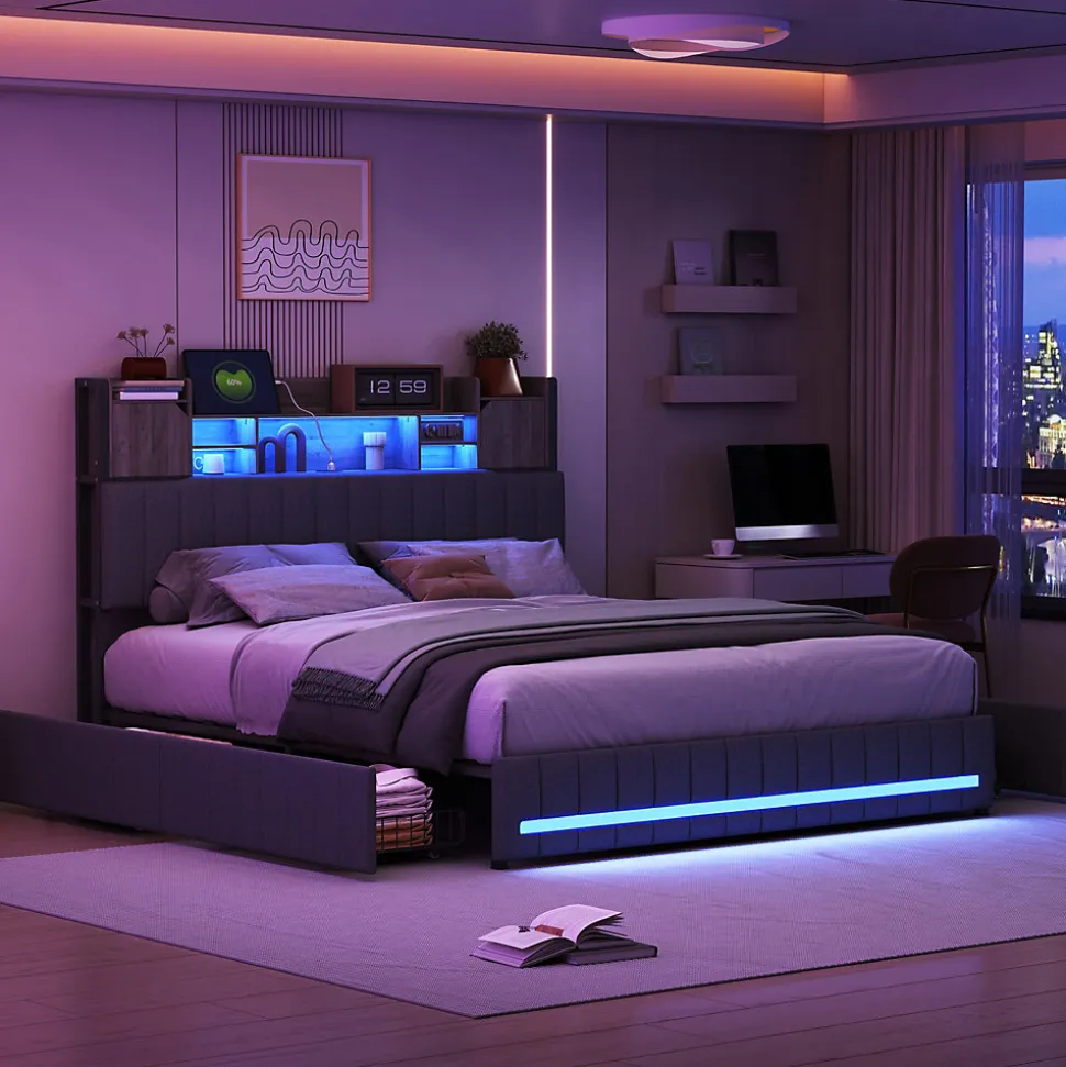 Lit 140x190 avec Sommier LED et USB, Lit Coffre avec 4 Tiroirs et Rangement Tête Delit, Gris