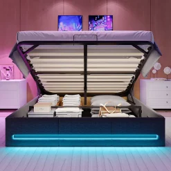 Lit 140x190 avec Sommier LED et USB, Lit Coffre avec Rangement et Tete de Lit, Gris