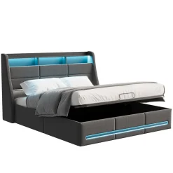 Lit 140x190 avec Sommier LED et USB, Lit Coffre avec Rangement et Tete de Lit, Gris