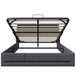 Lit 140x190 avec Sommier LED et USB, Lit Coffre avec Rangement et Tete de Lit, Gris