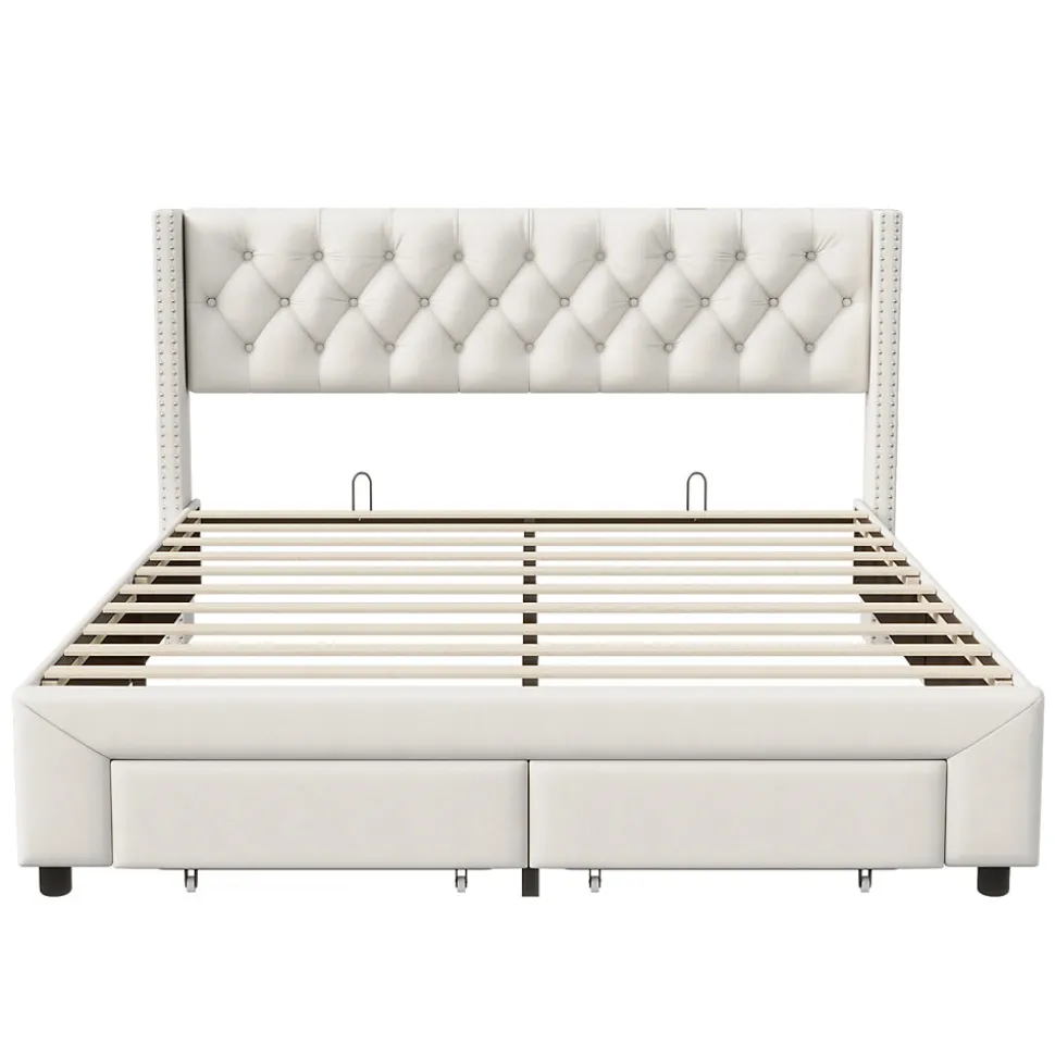 Lit 160x200 avec Sommier, Lit Coffre avec 2 Tiroirs et Hydraulique Rangement, Lits Double Rembourré en Velours,Beige