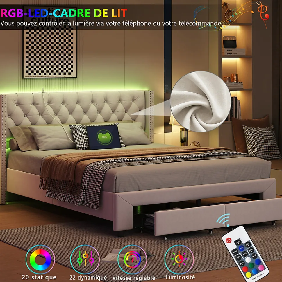 Lit 160x200 avec Sommier, Lit Coffre avec 2 Tiroirs et Hydraulique Rangement, Lits Double Rembourré en Velours,Beige