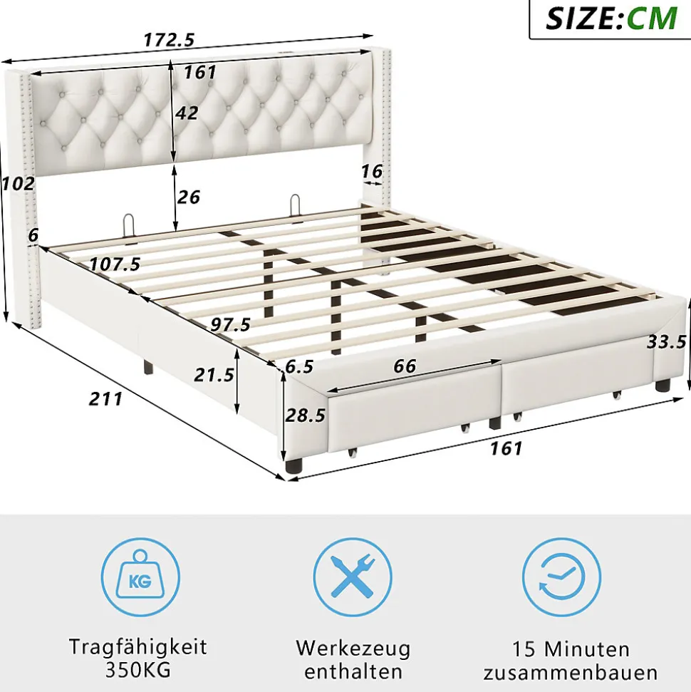 Lit 160x200 avec Sommier, Lit Coffre avec 2 Tiroirs et Hydraulique Rangement, Lits Double Rembourré en Velours,Beige