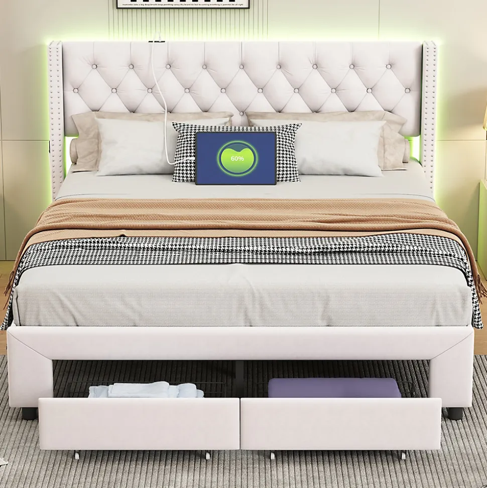 Lit 160x200 avec Sommier, Lit Coffre avec 2 Tiroirs et Hydraulique Rangement, Lits Double Rembourré en Velours,Beige