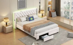 Lit 160x200 avec Sommier, Lit Coffre avec 2 Tiroirs et Hydraulique Rangement, Lits Double Rembourré en Velours,Beige