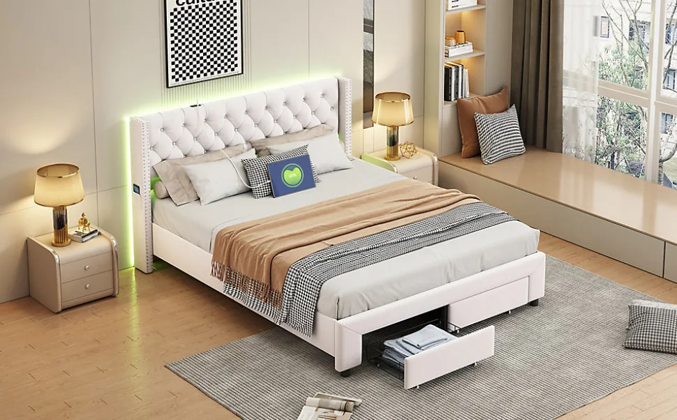 Lit 160x200 avec Sommier, Lit Coffre avec 2 Tiroirs et Hydraulique Rangement, Lits Double Rembourré en Velours,Beige