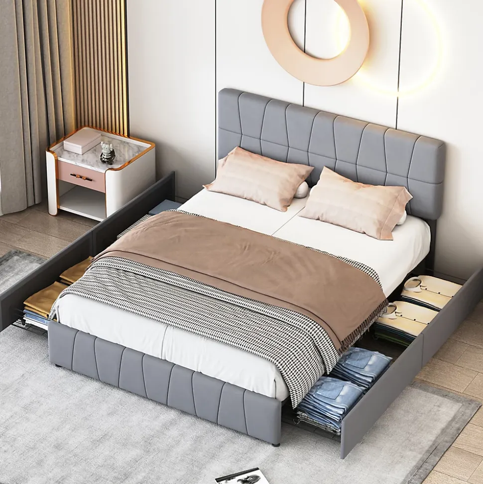 Lit 160x200, Cadre De Lit Avec Tête De Lit Capitonnée Réglable En Hauteur, 4 Tiroirs, Gris