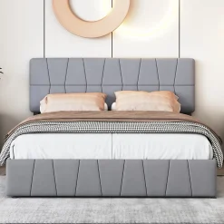 Lit 160x200, Cadre De Lit Avec Tête De Lit Capitonnée Réglable En Hauteur, 4 Tiroirs, Gris