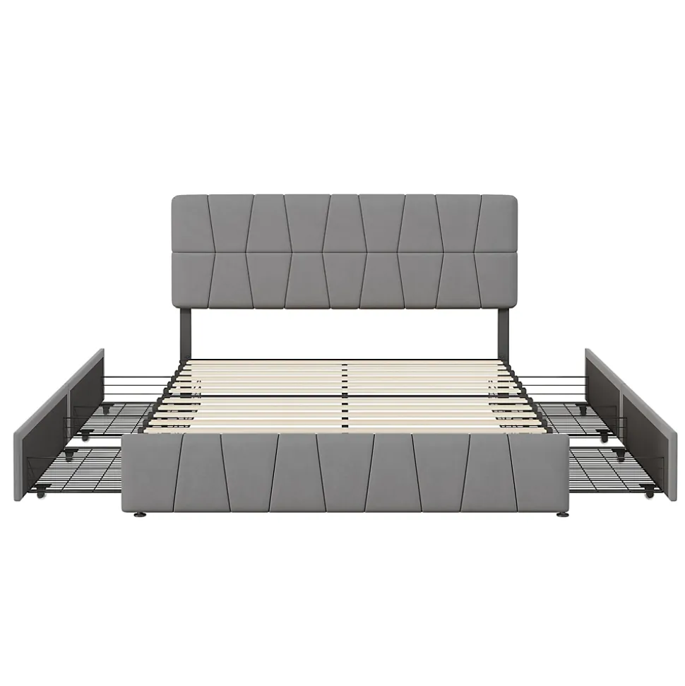 Lit 160x200, Cadre De Lit Avec Tête De Lit Capitonnée Réglable En Hauteur, 4 Tiroirs, Gris