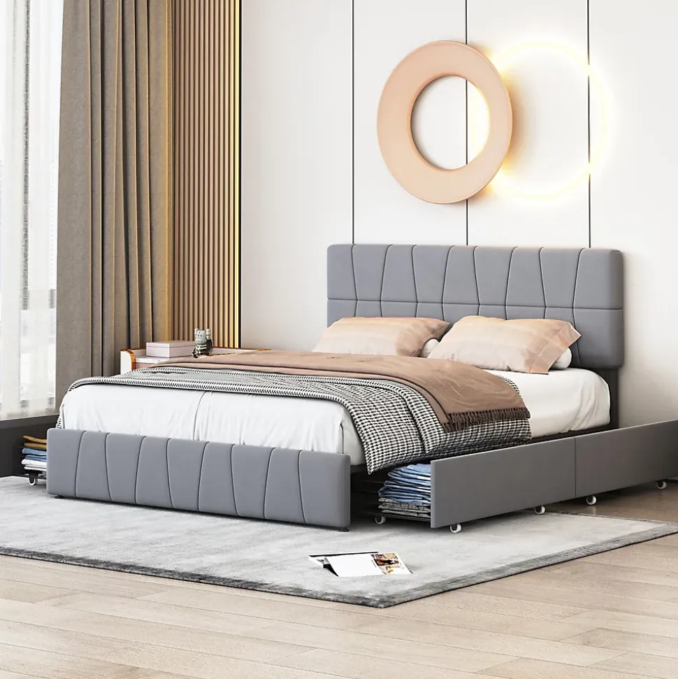 Lit 160x200, Cadre De Lit Avec Tête De Lit Capitonnée Réglable En Hauteur, 4 Tiroirs, Gris