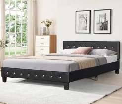 Lit 140x200 cm - avec sommier - tete de lit capitonnee noir - pieds 10 cm - 13 lattes - confort optimal - design moderne