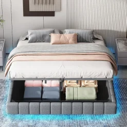 Lit 180x200 cm à effet flottant avec rangement hydraulique, cadre métal robuste, tapissé lin gris, LED