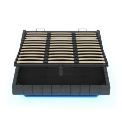 Lit 180x200 cm à effet flottant avec rangement hydraulique, cadre métal robuste, tapissé lin gris, LED