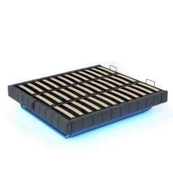 Lit 180x200 cm à effet flottant avec rangement hydraulique, cadre métal robuste, tapissé lin gris, LED