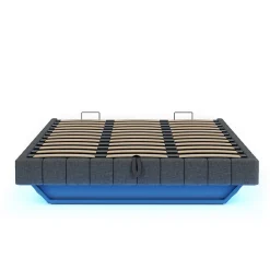 Lit 180x200 cm à effet flottant avec rangement hydraulique, cadre métal robuste, tapissé lin gris, LED