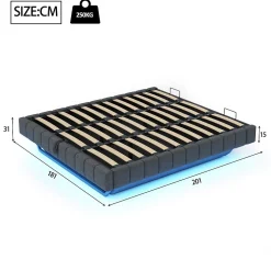 Lit 180x200 cm à effet flottant avec rangement hydraulique, cadre métal robuste, tapissé lin gris, LED