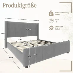 Lit 140x190 cm - tête de lit haute en velours gris foncé, ports USB intégrés, cadre métal & panneau bois
