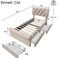 Lit 90x200 cm avec 2 tiroirs de rangement et tête de lit réglable, cadre métal et bois, tissu lin naturel