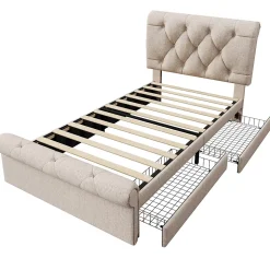 Lit 90x200 cm avec 2 tiroirs de rangement et tête de lit réglable, cadre métal et bois, tissu lin naturel