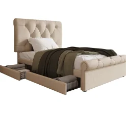 Lit 90x200 cm avec 2 tiroirs de rangement et tête de lit réglable, cadre métal et bois, tissu lin naturel