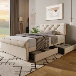 Lit 90x200 cm avec 2 tiroirs de rangement et tête de lit réglable, cadre métal et bois, tissu lin naturel