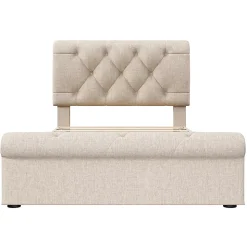 Lit 90x200 cm avec 2 tiroirs de rangement et tête de lit réglable, cadre métal et bois, tissu lin naturel