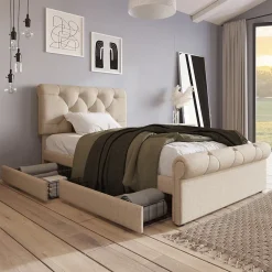 Lit 90x200 cm avec 2 tiroirs de rangement et tête de lit réglable, cadre métal et bois, tissu lin naturel