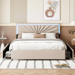 Lit 160x200 cm avec 4 tiroirs de rangement, tête de lit avec éclairage LED, revêtement en tissu beige, Lit coffre moderne