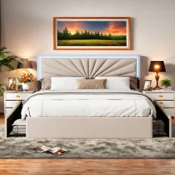 Lit 160x200 cm avec 4 tiroirs de rangement, tête de lit avec éclairage LED, revêtement en tissu beige, Lit coffre moderne