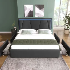 Lit 140x200 cm avec 4 tiroirs et tête de lit réglable 10 cm, LED télécommandée, structure métal et tissu gris