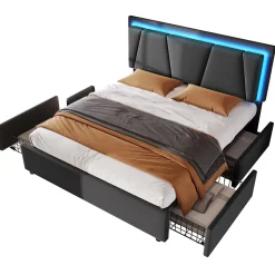 Lit 140x200 cm avec 4 tiroirs et tête de lit réglable 10 cm, LED télécommandée, structure métal et tissu gris
