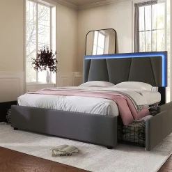 Lit 140x200 cm avec 4 tiroirs et tête de lit réglable 10 cm, LED télécommandée, structure métal et tissu gris