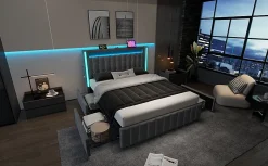 Lit 160x200 cm avec 4 tiroirs et sommier a lattes, tete integree USB Type C et eclairage LED multicolore, tapisse lin gris