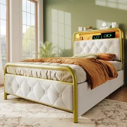 Lit 90x200 cm avec 2 tiroirs et tête de lit avec prises USB Type-C, LED et cadre métal tapissé velours blanc