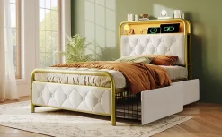 Lit 90x200 cm avec 2 tiroirs et tête de lit avec prises USB Type-C, LED et cadre métal tapissé velours blanc