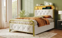 Lit 90x200 cm avec 2 tiroirs et tête de lit avec prises USB Type-C, LED et cadre métal tapissé velours blanc