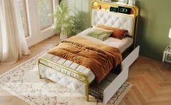 Lit 90x200 cm avec 2 tiroirs et tête de lit avec prises USB Type-C, LED et cadre métal tapissé velours blanc