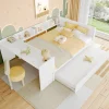 Lit 140x200 cm avec bureau intégré et lit gigogne, structure pin blanc et 3 étagères fonctionnelles