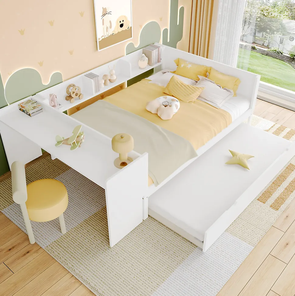 Lit 140x200 cm avec bureau intégré et lit gigogne, structure pin blanc et 3 étagères fonctionnelles