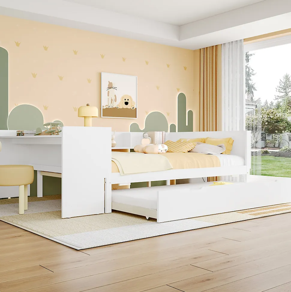 Lit 140x200 cm avec bureau intégré et lit gigogne, structure pin blanc et 3 étagères fonctionnelles