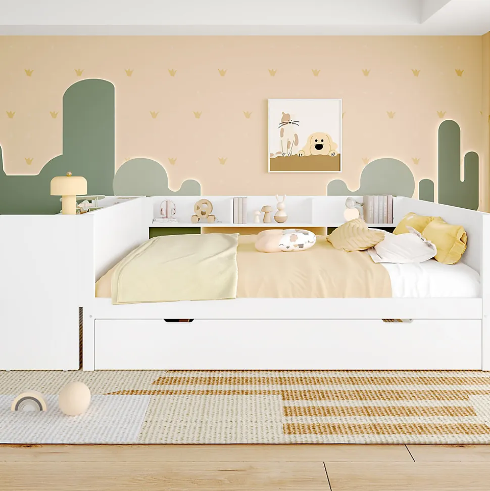 Lit 140x200 cm avec bureau intégré et lit gigogne, structure pin blanc et 3 étagères fonctionnelles