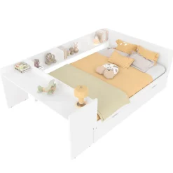 Lit 140x200 cm avec bureau intégré et lit gigogne, structure pin blanc et 3 étagères fonctionnelles