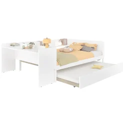 Lit 140x200 cm avec bureau intégré et lit gigogne, structure pin blanc et 3 étagères fonctionnelles