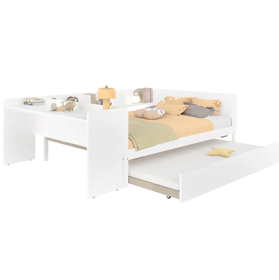 Lit 140x200 cm avec bureau intégré et lit gigogne, structure pin blanc et 3 étagères fonctionnelles