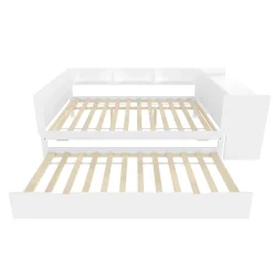 Lit 140x200 cm avec bureau intégré et lit gigogne, structure pin blanc et 3 étagères fonctionnelles
